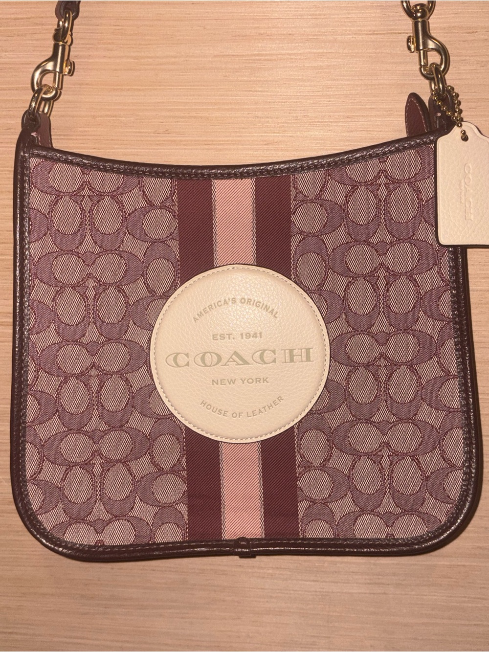 Coach Mauve Signature Stripe Crossbody with Cream Logo Patch